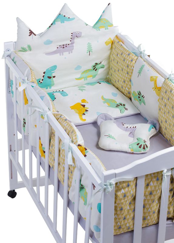 Дитяча постільна білизна Babyroom Classic Bortiki-01 (6 елементів) білий-сірий-гірчичний (динозаври)