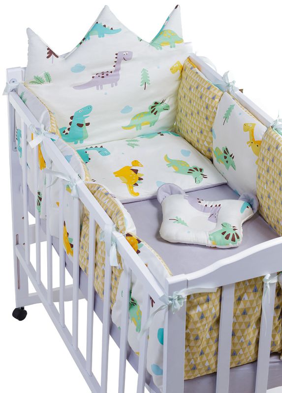Дитяча постільна білизна Babyroom Classic Bortiki-01 (6 елементів) білий-сірий-гірчичний (динозаври)