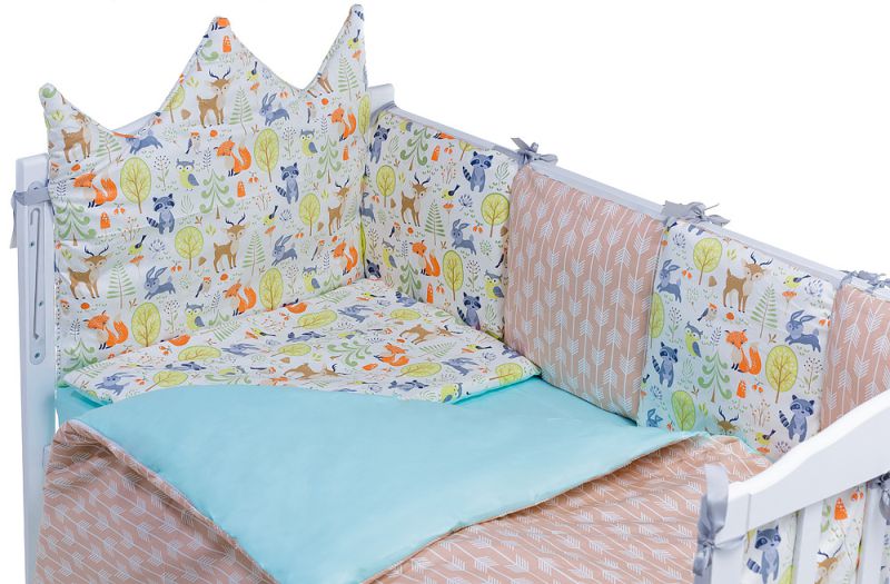Детская постель Babyroom Classic Bortiki-01 (6 элементов)  бирюза-бежевый-белый (лесные звери)