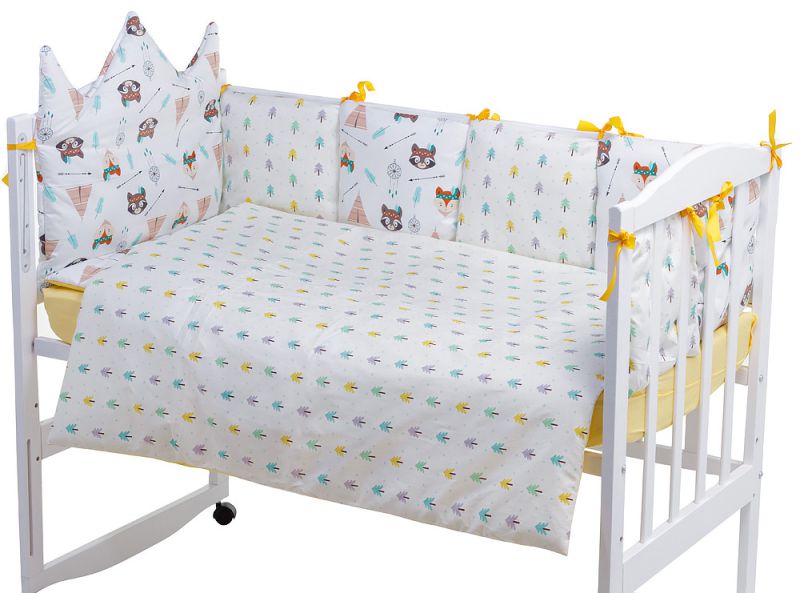 Дитяча постільна білизна Babyroom Classic Bortiki-01 (6 елементів) жовто-біле (лисиця, єнот)