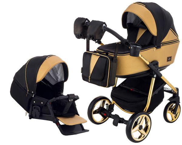 Коляска 2 в 1 Adamex Sierra Polar (Gold) SR436 чорний (люрікс) - золота шкіра (перфорація)