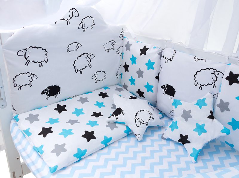 Детская постель Babyroom Classic Bortiki-01 (8 элементов)  белый (барашки, звездочки)