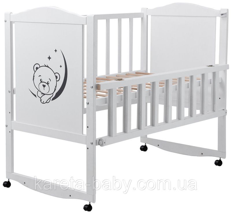Ліжко Babyroom Тедді T-01 фігурне бильце, відкидний бік, колеса білий