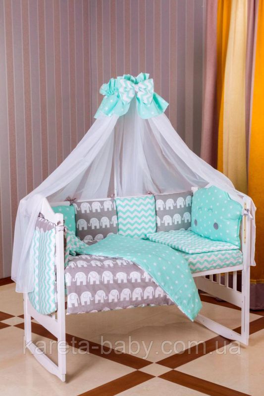 Детская постель Babyroom Bortiki lux-08 elephant бирюзовый - серый