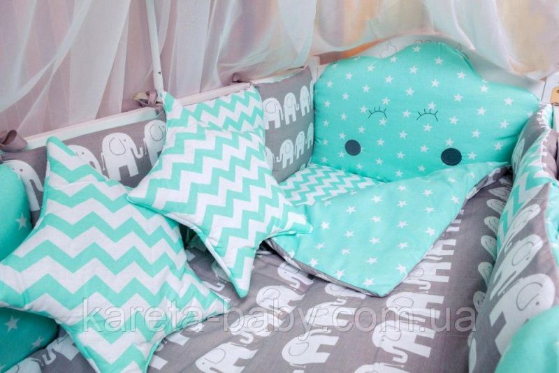 Детская постель Babyroom Bortiki lux-08 elephant бирюзовый - серый