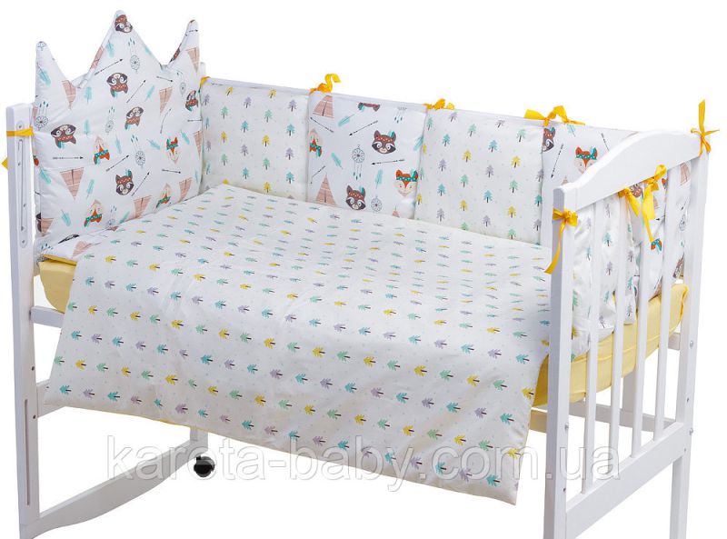 Дитяча постільна білизна Babyroom Classic Bortiki-01 (6 елементів) жовто-біле (лисиця, єнот)