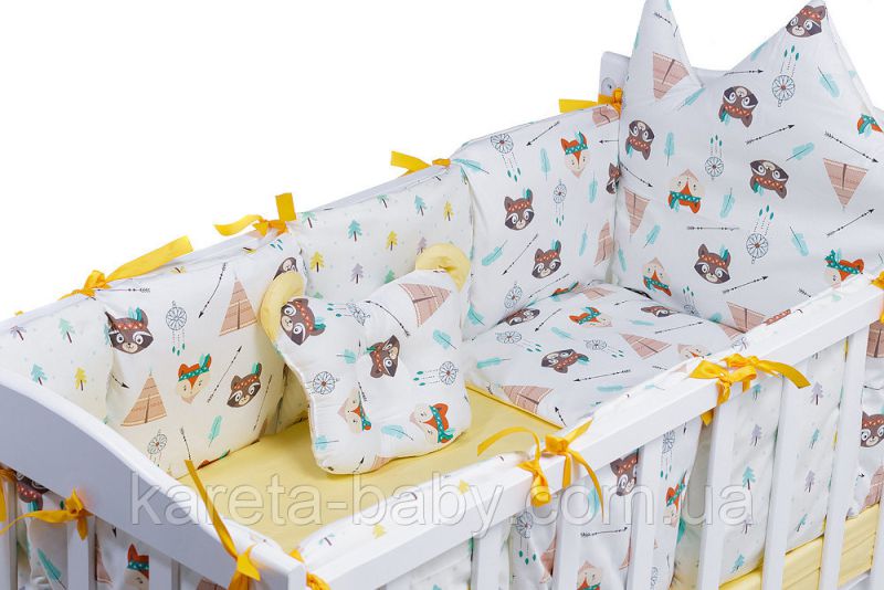Дитяча постільна білизна Babyroom Classic Bortiki-01 (6 елементів) жовто-біле (лисиця, єнот)