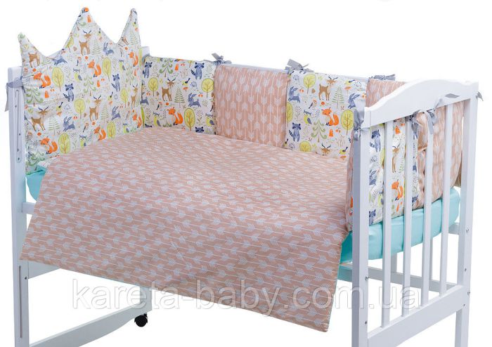 Детская постель Babyroom Classic Bortiki-01 (6 элементов)  бирюза-бежевый-белый (лесные звери)