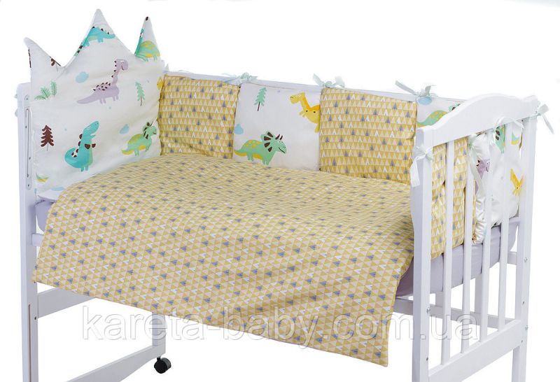 Дитяча постільна білизна Babyroom Classic Bortiki-01 (6 елементів) білий-сірий-гірчичний (динозаври)