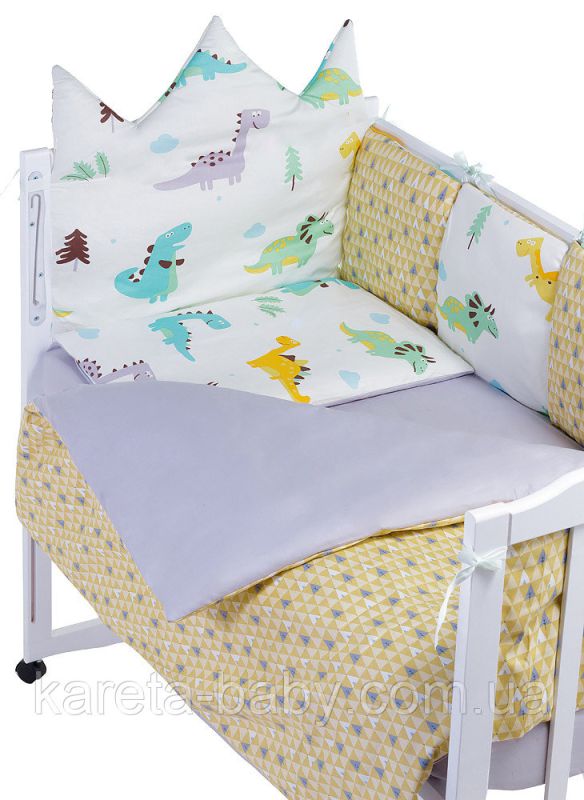 Дитяча постільна білизна Babyroom Classic Bortiki-01 (6 елементів) білий-сірий-гірчичний (динозаври)