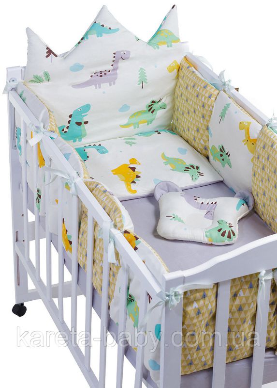 Дитяча постільна білизна Babyroom Classic Bortiki-01 (6 елементів) білий-сірий-гірчичний (динозаври)