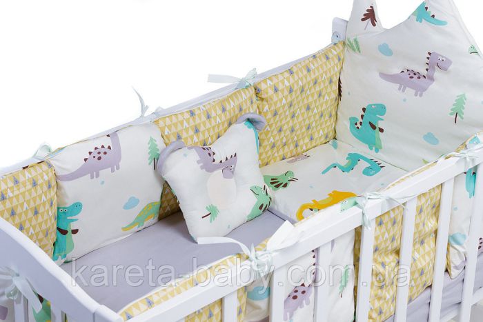 Детская постель Babyroom Classic Bortiki-01 (6 элементов)  белый-серый-горчичный (динозавры)