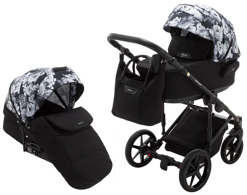 Коляска 2 в 1 Adamex Porto Light Flowers 11 черный (черно цветы)-белые