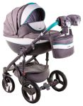 Коляска 2 в 1 Adamex Monte Deluxe Carbon D2 сірий льон - біла шкіра -бірюзовий кант (бірюзова ручка)