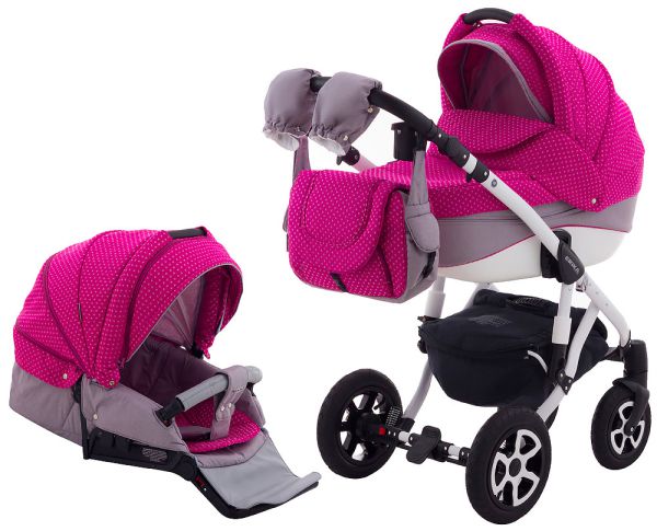 Коляска 2 в 1 Adamex Erika Len 400W малиновий (візерунок серця) -сірий