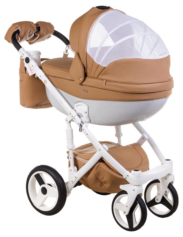 Коляска 2 в 1 Adamex Monte Deluxe Carbon кожа 100% 56S-B карамельный (белый карбон и рама)