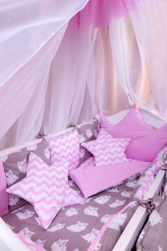 Дитяча постільна білизна Babyroom Bortiki lux-08 sowa рожевий - сірий