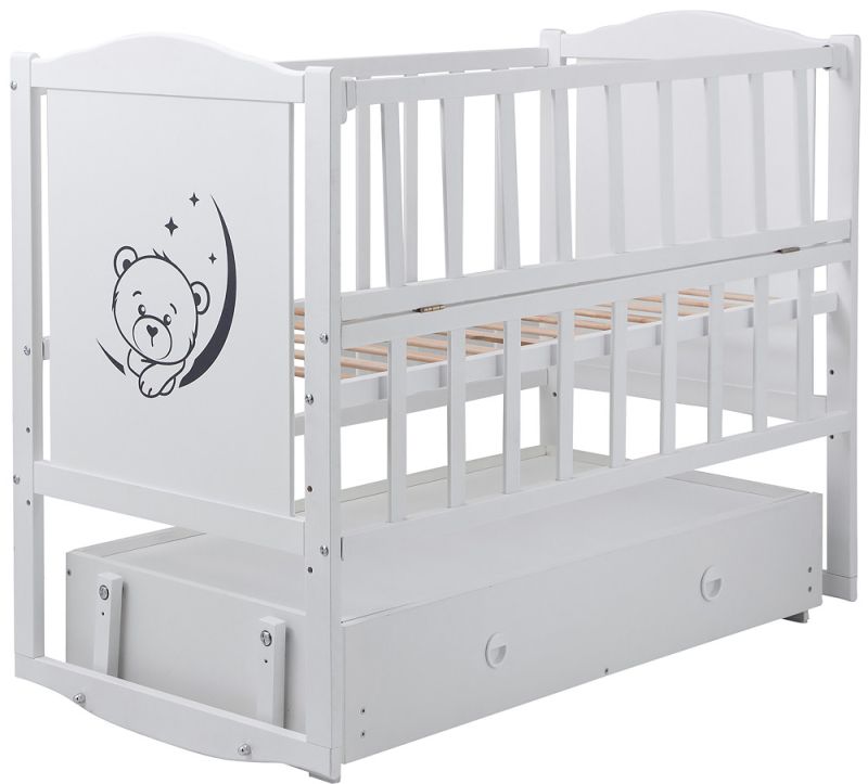 Кровать Babyroom Тедди Т-03 фигурное быльце, маятник, ящик, откидной бок  белый