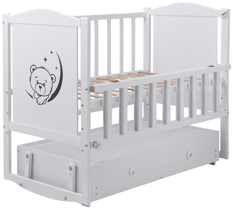Кровать Babyroom Тедди Т-03 фигурное быльце, маятник, ящик, откидной бок  белый