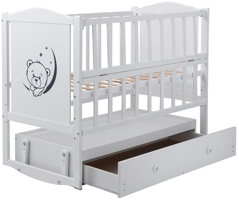 Кровать Babyroom Тедди Т-03 фигурное быльце, маятник, ящик, откидной бок  белый