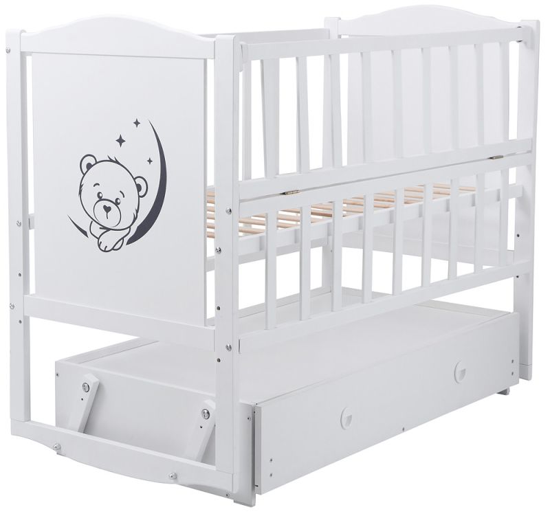 Кровать Babyroom Тедди Т-03 фигурное быльце, маятник, ящик, откидной бок  белый