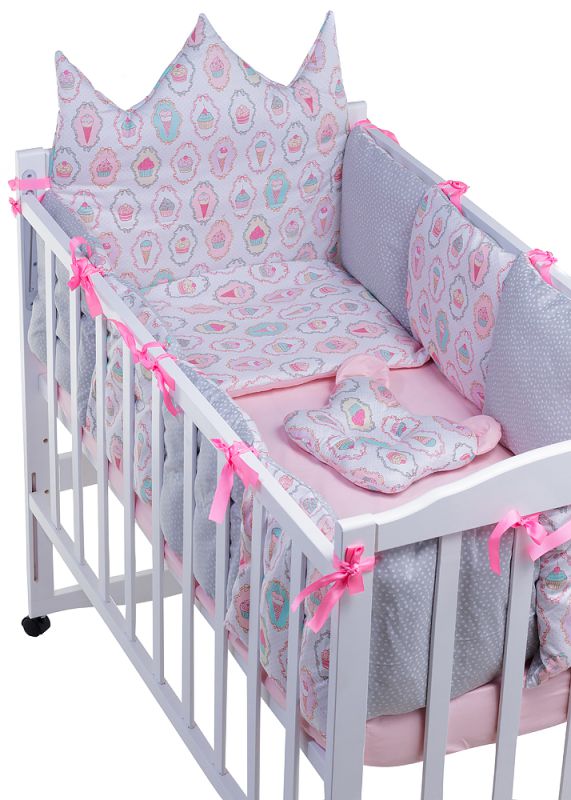 Детская постель Babyroom Classic Bortiki-01 (6 элементов)  розовый-белый-серый (кексы)