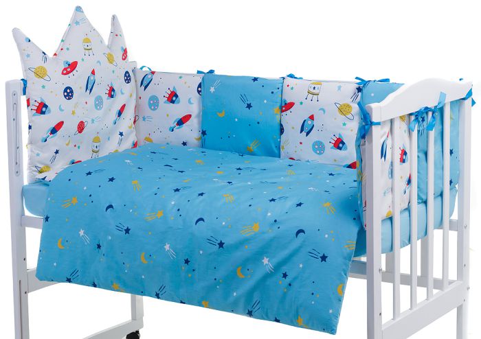 Детская постель Babyroom Classic Bortiki-01 (6 элементов)  голубой-белый (космос)