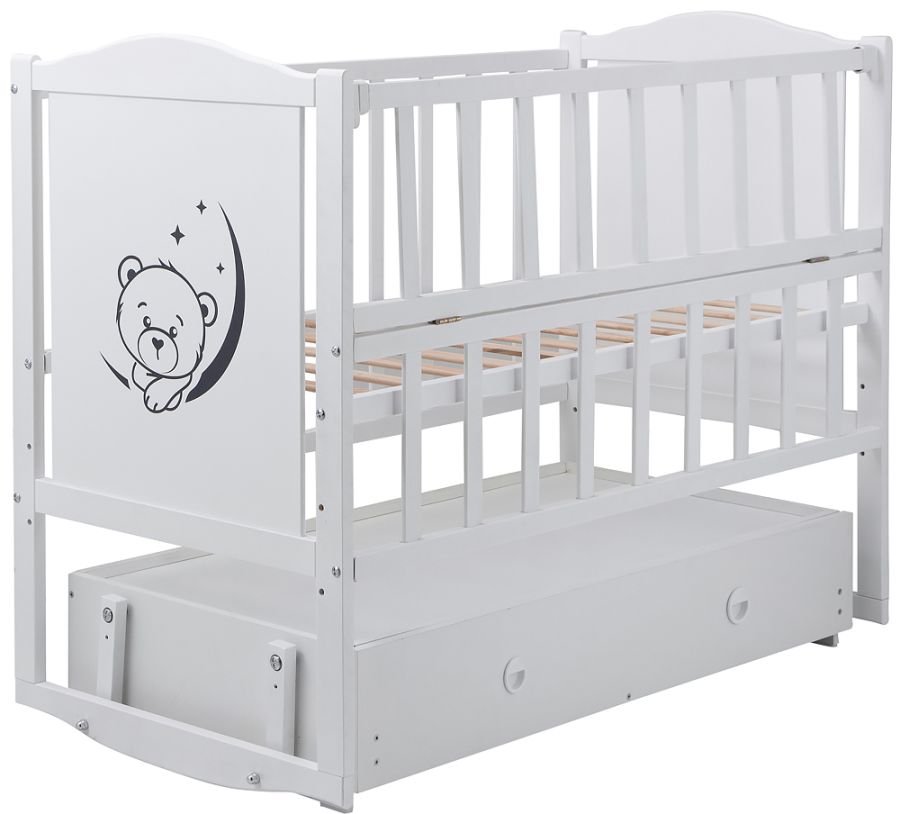 Кровать Babyroom Тедди Т-03 фигурное быльце, маятник, ящик, откидной бок  белый
