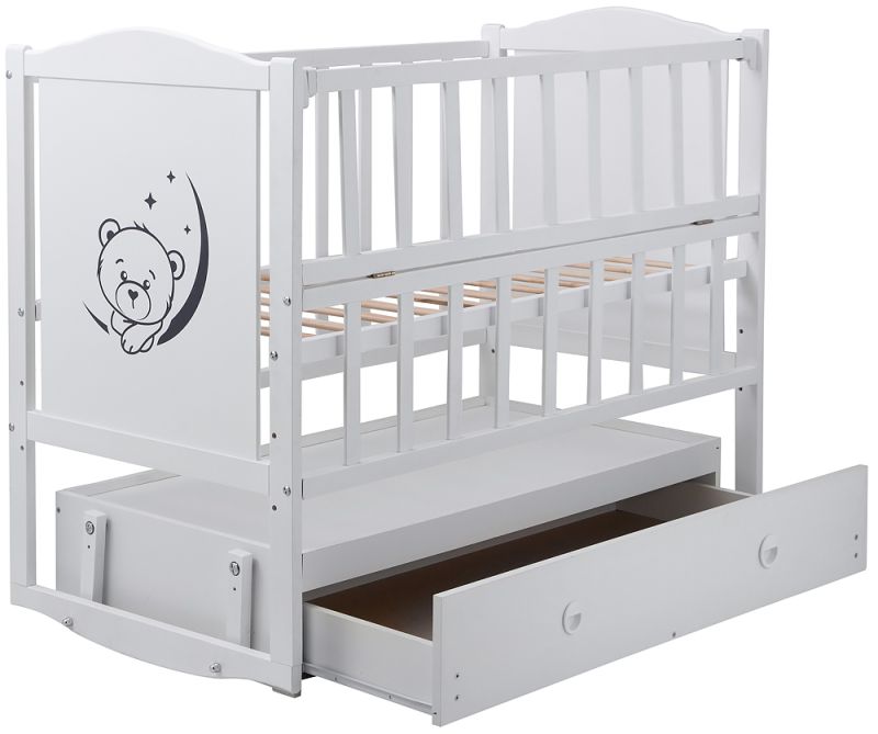 Кровать Babyroom Тедди Т-03 фигурное быльце, маятник, ящик, откидной бок  белый
