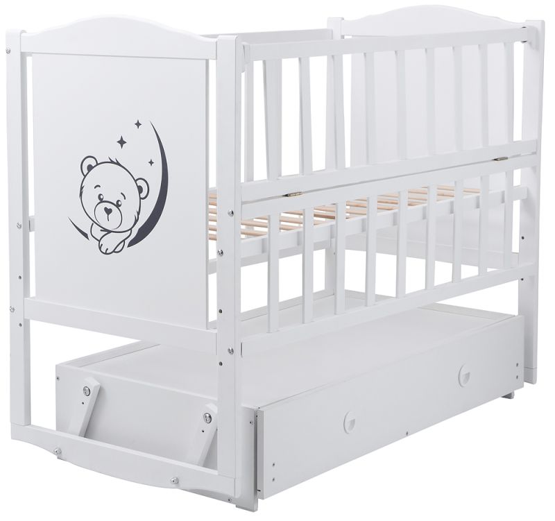 Кровать Babyroom Тедди Т-03 фигурное быльце, маятник, ящик, откидной бок  белый