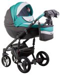Коляска 2 в 1 Adamex Monte Deluxe Carbon кожа 100% D106 серый-бирюзовый-белый (графит карбон и рама)
