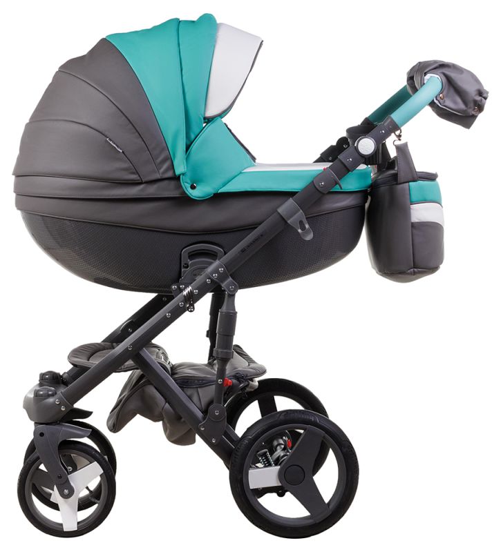 Коляска 2 в 1 Adamex Monte Deluxe Carbon кожа 100% D106 серый-бирюзовый-белый (графит карбон и рама)