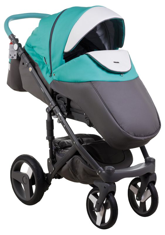 Коляска 2 в 1 Adamex Monte Deluxe Carbon кожа 100% D106 серый-бирюзовый-белый (графит карбон и рама)