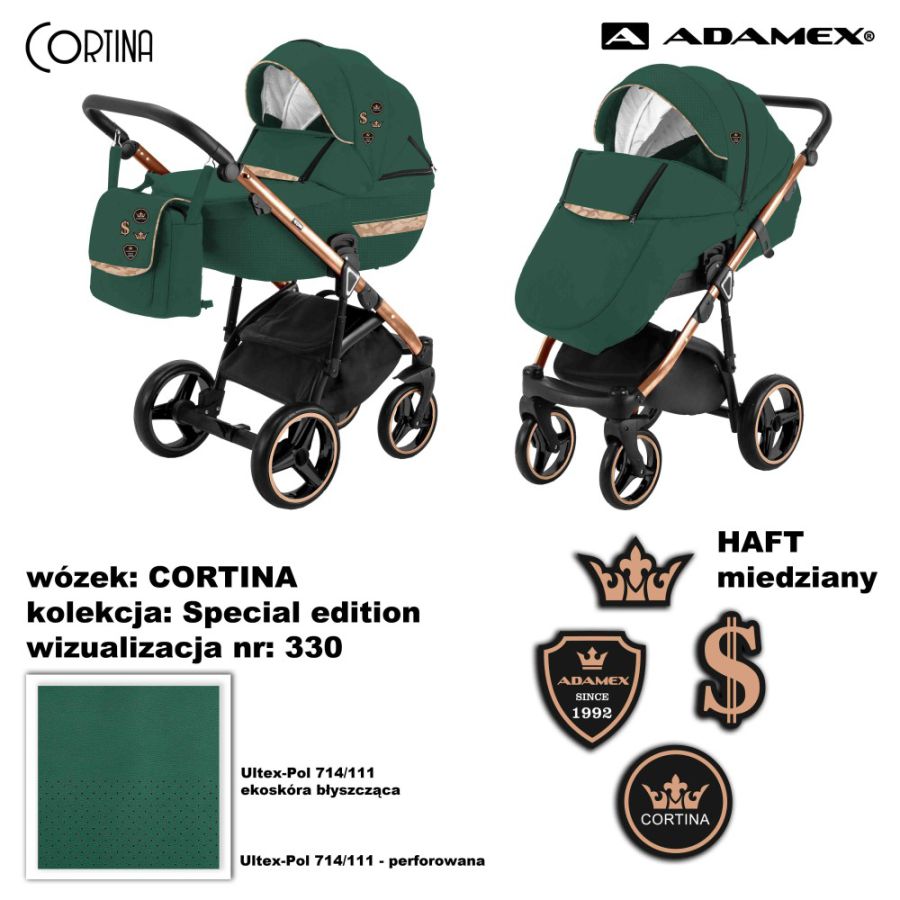 Коляска 2 в 1 Adamex Cortina CT-330 кожа зеленый сатин