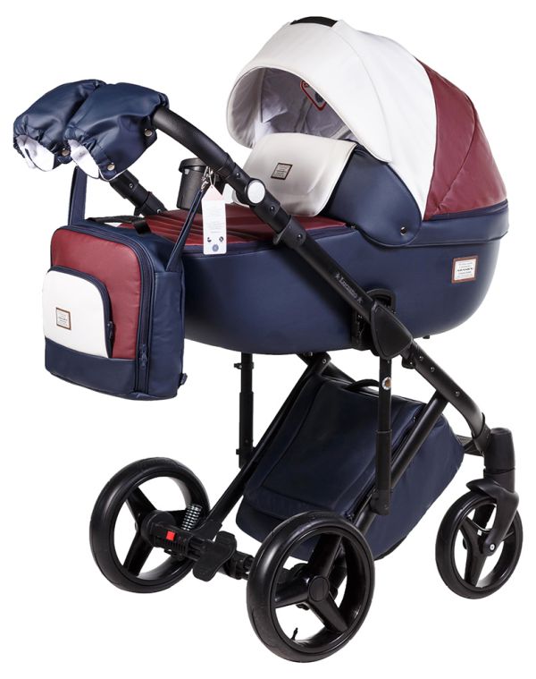 Коляска 2 в 1 Adamex Luciano шкіра 100% Q258 темно-синій - бордо - білий