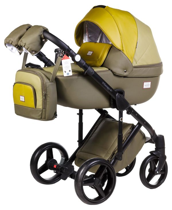 Коляска 2 в 1 Adamex Luciano кожа 100% Q268 хаки - оливковый -горчичный