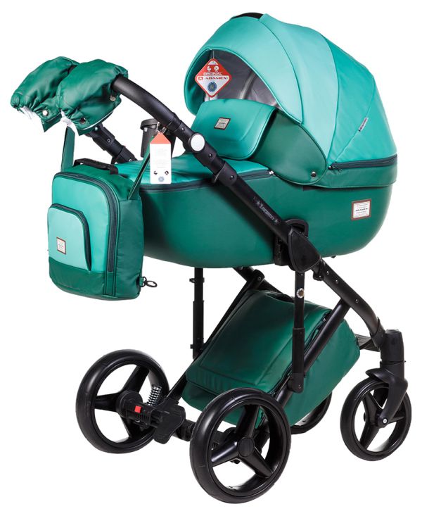 Коляска 2 в 1 Adamex Luciano кожа 100% Q270 изумрудный - темно-бирюзовый - светло-бирюзовый