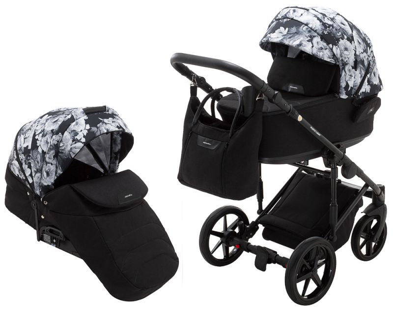 Коляска 2 в 1 Adamex Porto Light Flowers 11 черный (черно цветы)-белые
