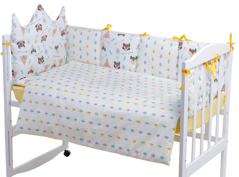 Дитяча постільна білизна Babyroom Classic Bortiki-01 (6 елементів) жовто-біле (лисиця, єнот)