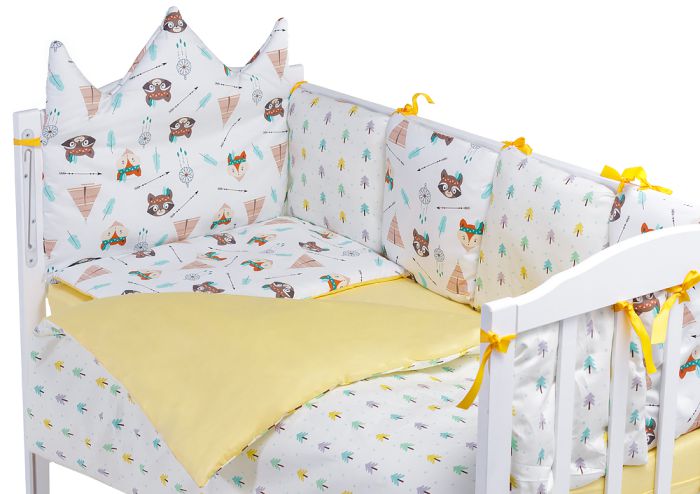 Детская постель Babyroom Classic Bortiki-01 (6 элементов)  желтый-белый (лиса, енот)