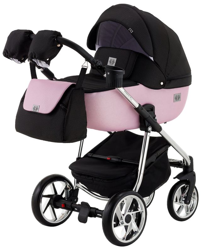 Коляска 2 в 1 Adamex Hybryd Plus Polar (Chrome) BR611 черный (розовый люрекс)- светло-розовая кожа (выдавленная точка)