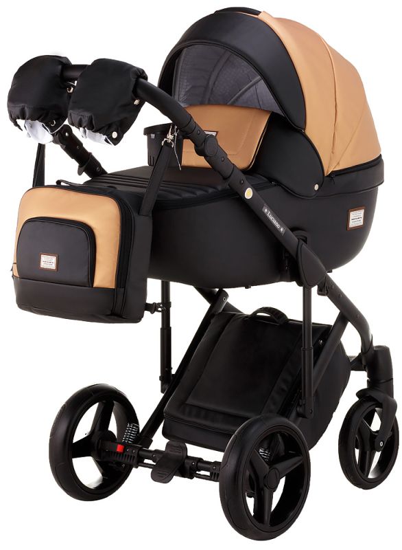 Коляска 2 в 1 Adamex Luciano шкіра 100% Q254 чорний - персиковий